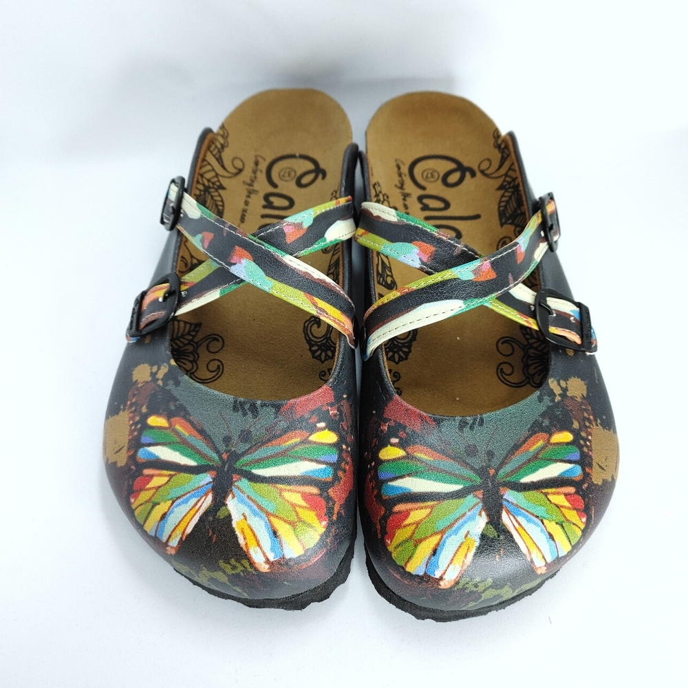 Calceo Charcoal & Red Butterfly Mule Size 37